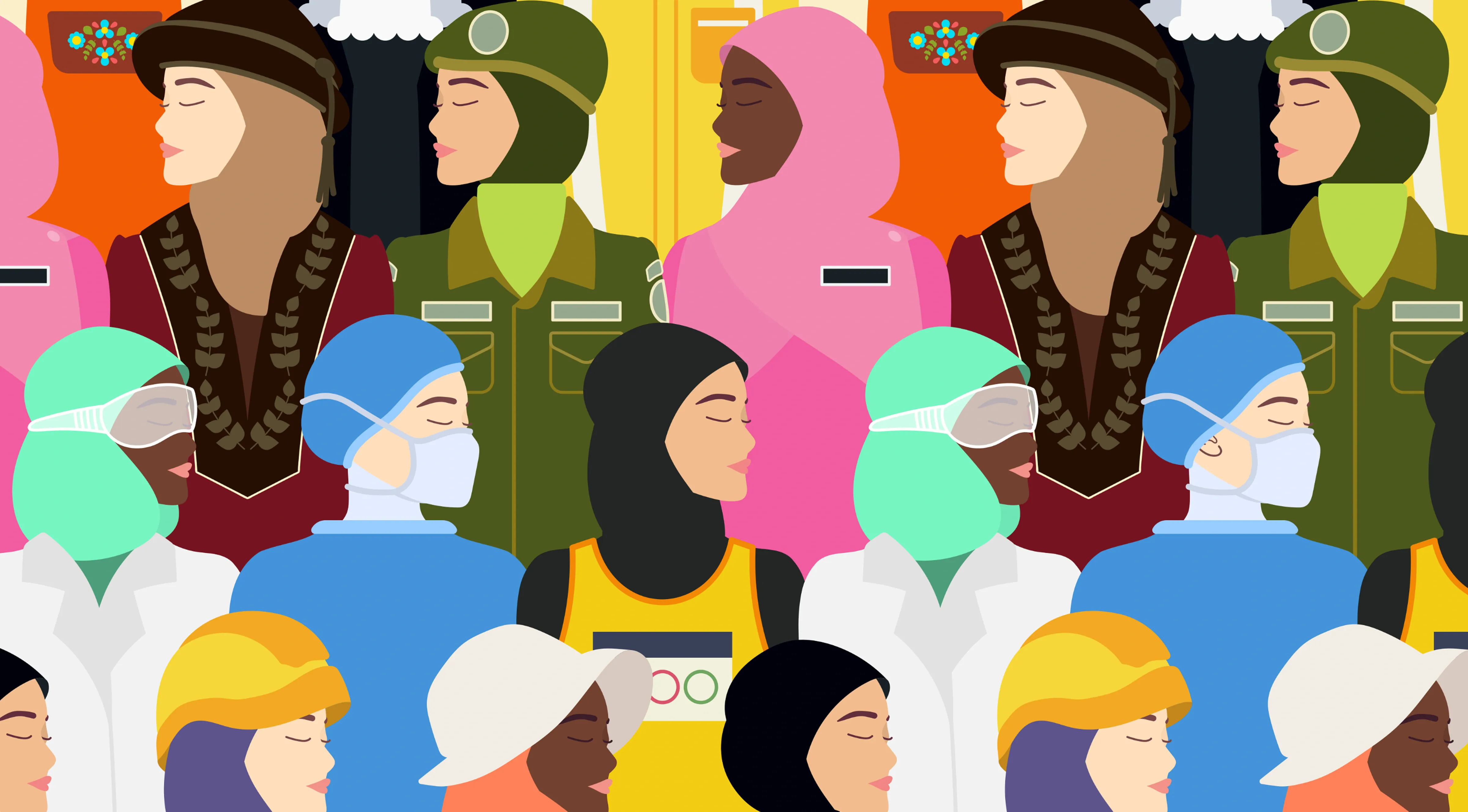 Illustration of different colored women across different cultures and disciplines: military, health, education and leadership
