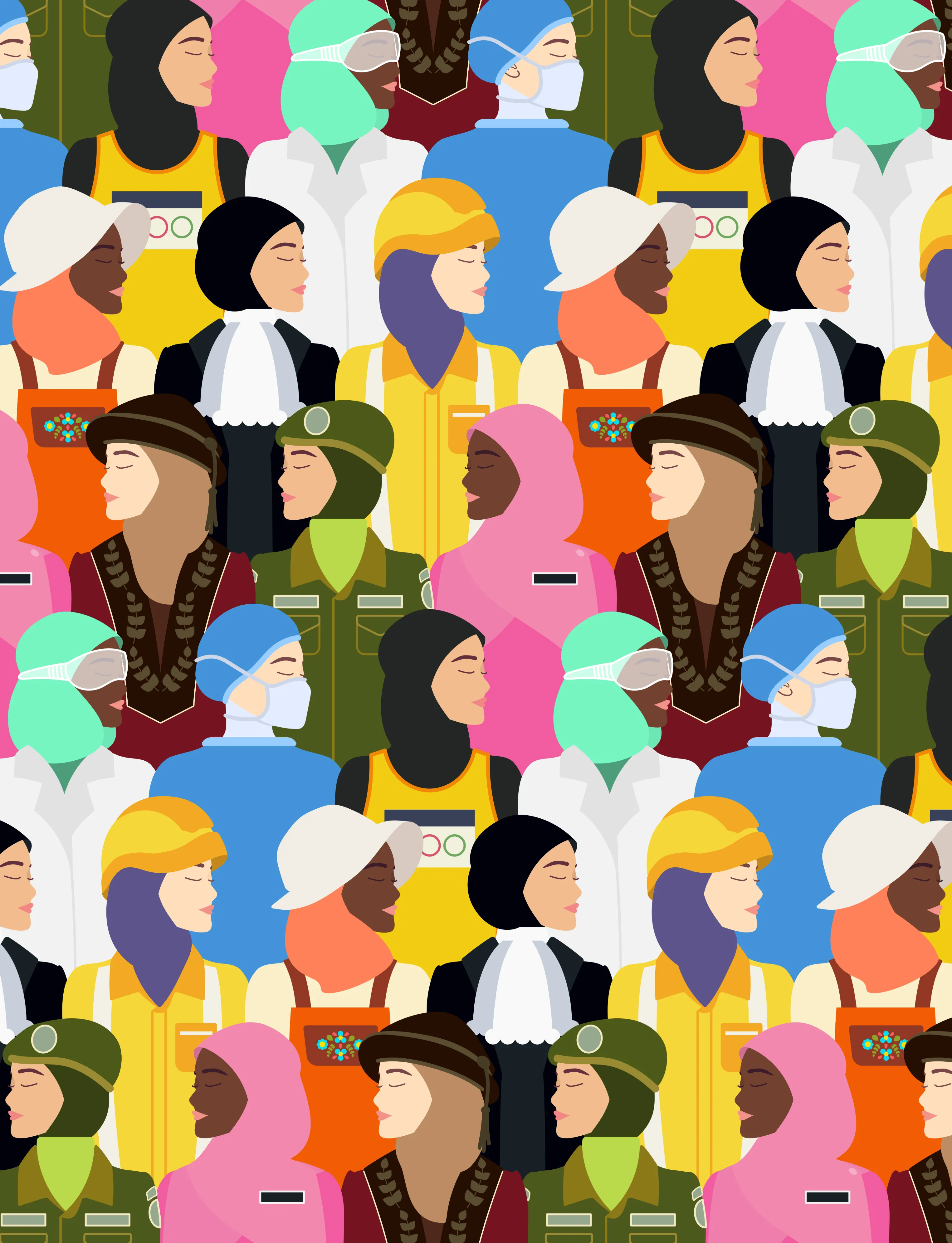 Illustration of different colored women across different cultures and disciplines: military, health, education and leadership